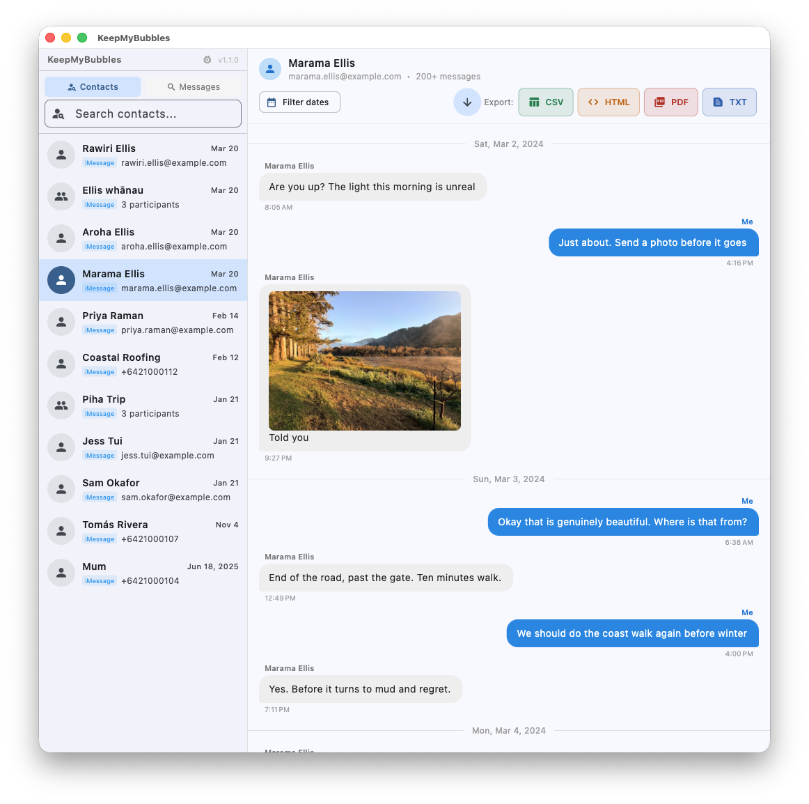 KeepMyBubbles showing a conversation with photos, a contact list, and buttons to export as CSV, HTML, PDF or plain text
