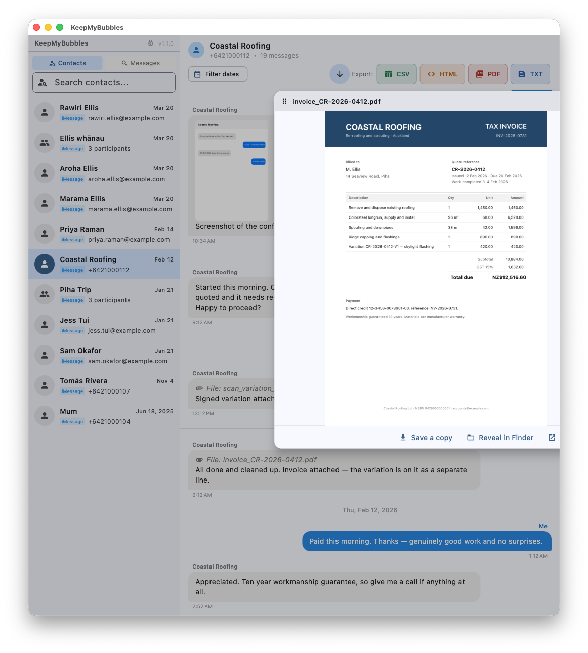 An invoice PDF previewed in a floating panel beside the conversation it was sent in