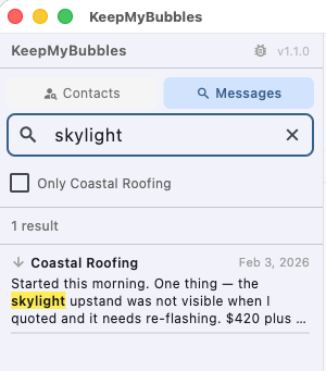 Searching for the word skylight, with one result found in a conversation and the term highlighted